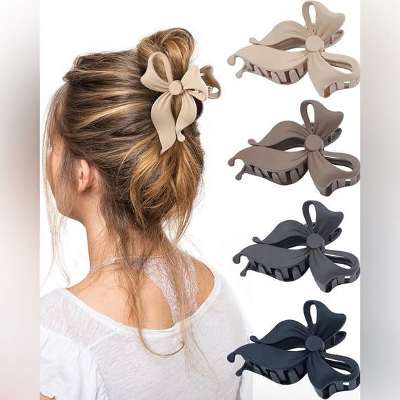 Accessories - 4 Piece Elegant Bow Hair Claw Clip Set - Tan, Brown, Gray and Black